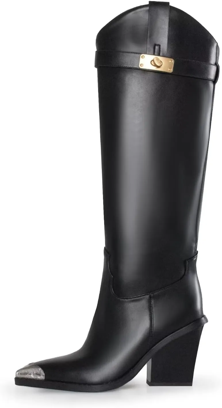 Women's Knee High Cowboy Boots Pointed Toe High Heel Tall Boots with Metal Toe Cap and Buckle Strap