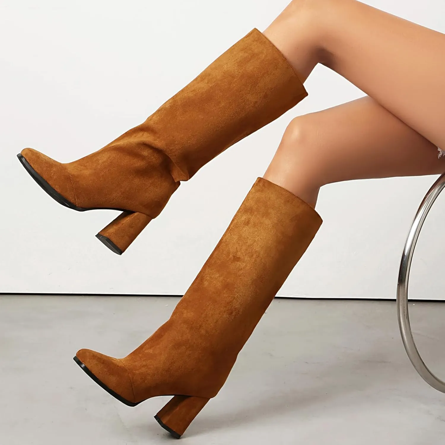 Women's Knee High Suede Square Toe Boots-Chunky Block Heeled Boots