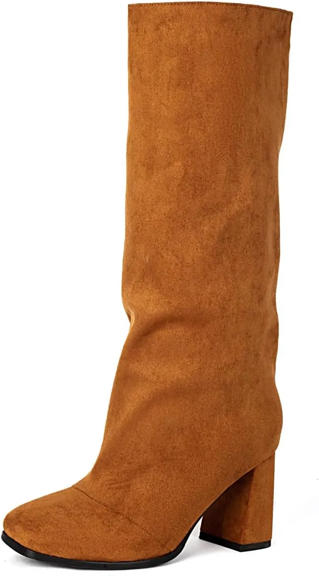 Women's Knee High Suede Square Toe Boots-Chunky Block Heeled Boots