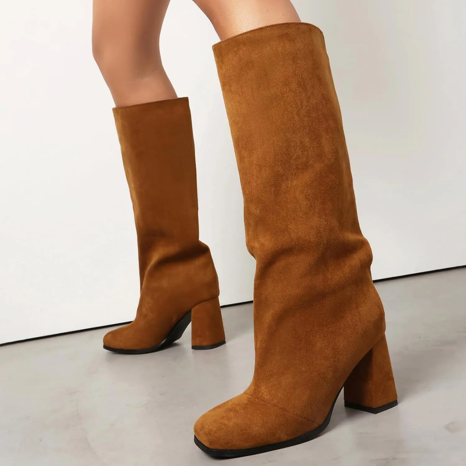 Women's Knee High Suede Square Toe Boots-Chunky Block Heeled Boots