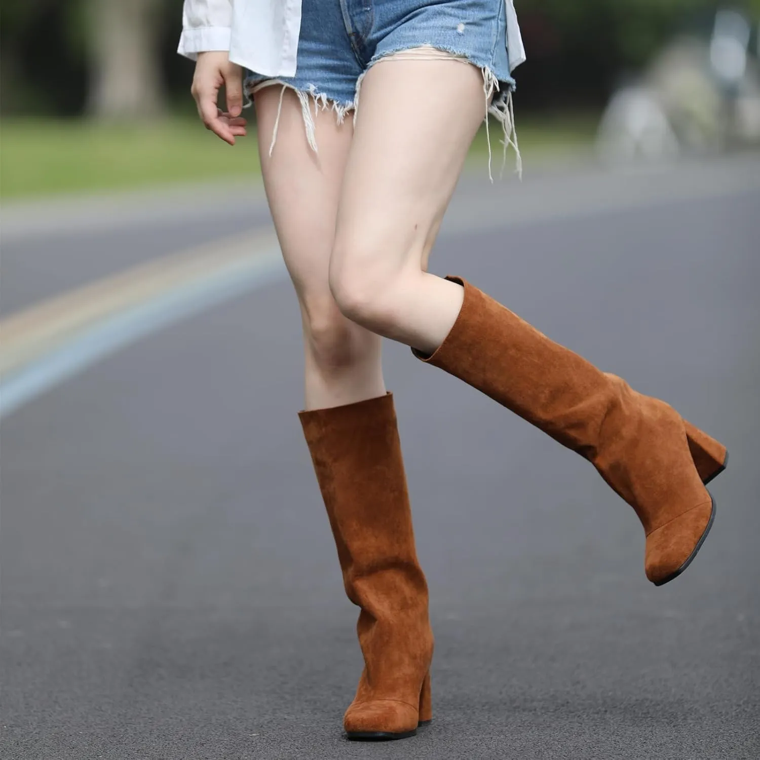 Women's Knee High Suede Square Toe Boots-Chunky Block Heeled Boots