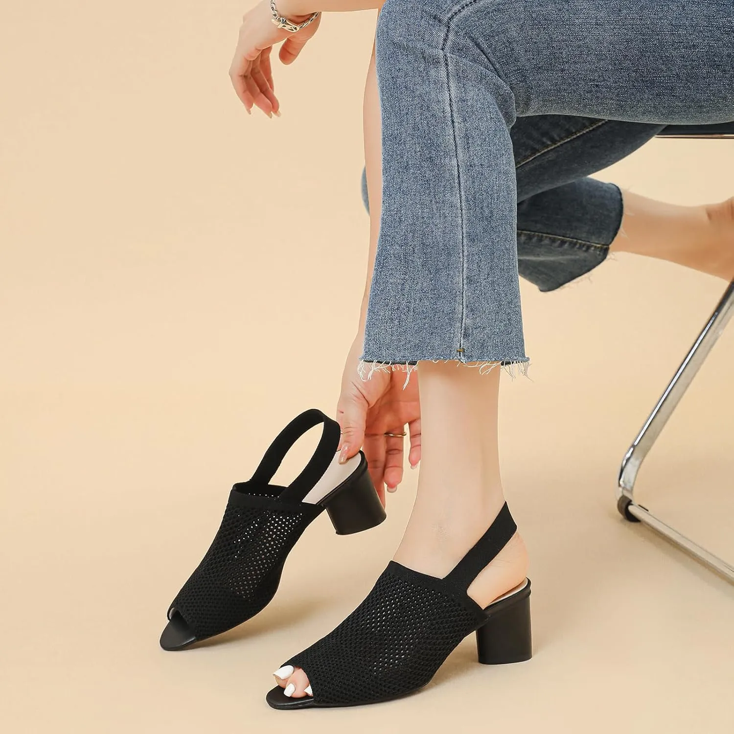 Women's Knit Peep Toe Chunky Block Heeled Sandals with Ankle Strap Fashion Hollow Pointed Toe Elastic Slingback Slip On High Heels Summer Casual Work Office Wedding Dressy Pumps