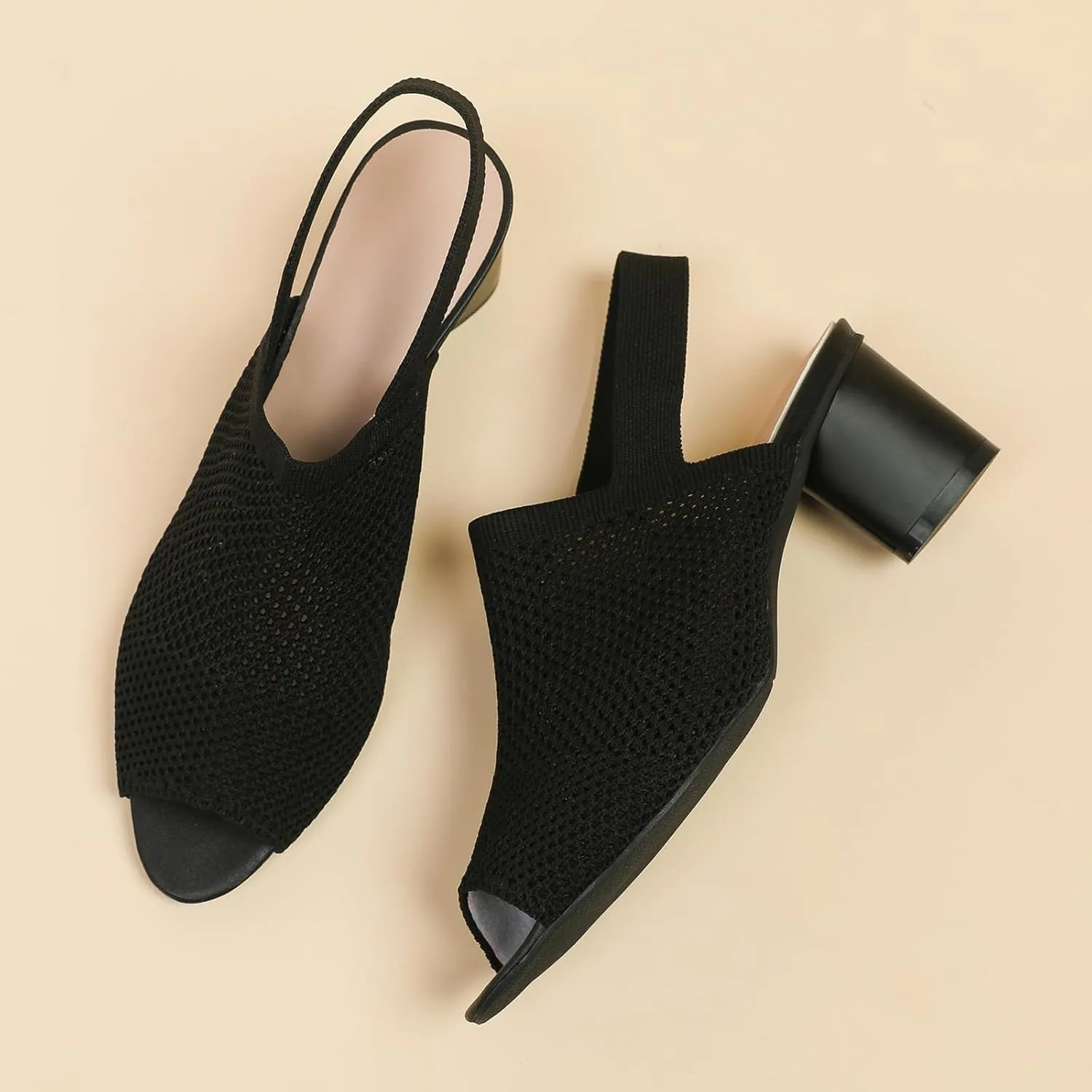 Women's Knit Peep Toe Chunky Block Heeled Sandals with Ankle Strap Fashion Hollow Pointed Toe Elastic Slingback Slip On High Heels Summer Casual Work Office Wedding Dressy Pumps