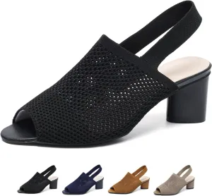 Women's Knit Peep Toe Chunky Block Heeled Sandals with Ankle Strap Fashion Hollow Pointed Toe Elastic Slingback Slip On High Heels Summer Casual Work Office Wedding Dressy Pumps