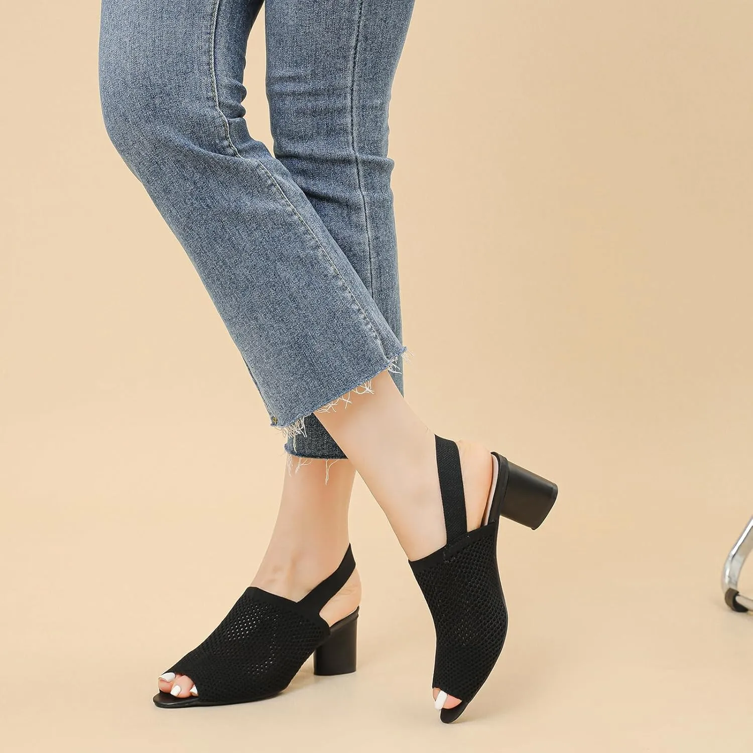 Women's Knit Peep Toe Chunky Block Heeled Sandals with Ankle Strap Fashion Hollow Pointed Toe Elastic Slingback Slip On High Heels Summer Casual Work Office Wedding Dressy Pumps