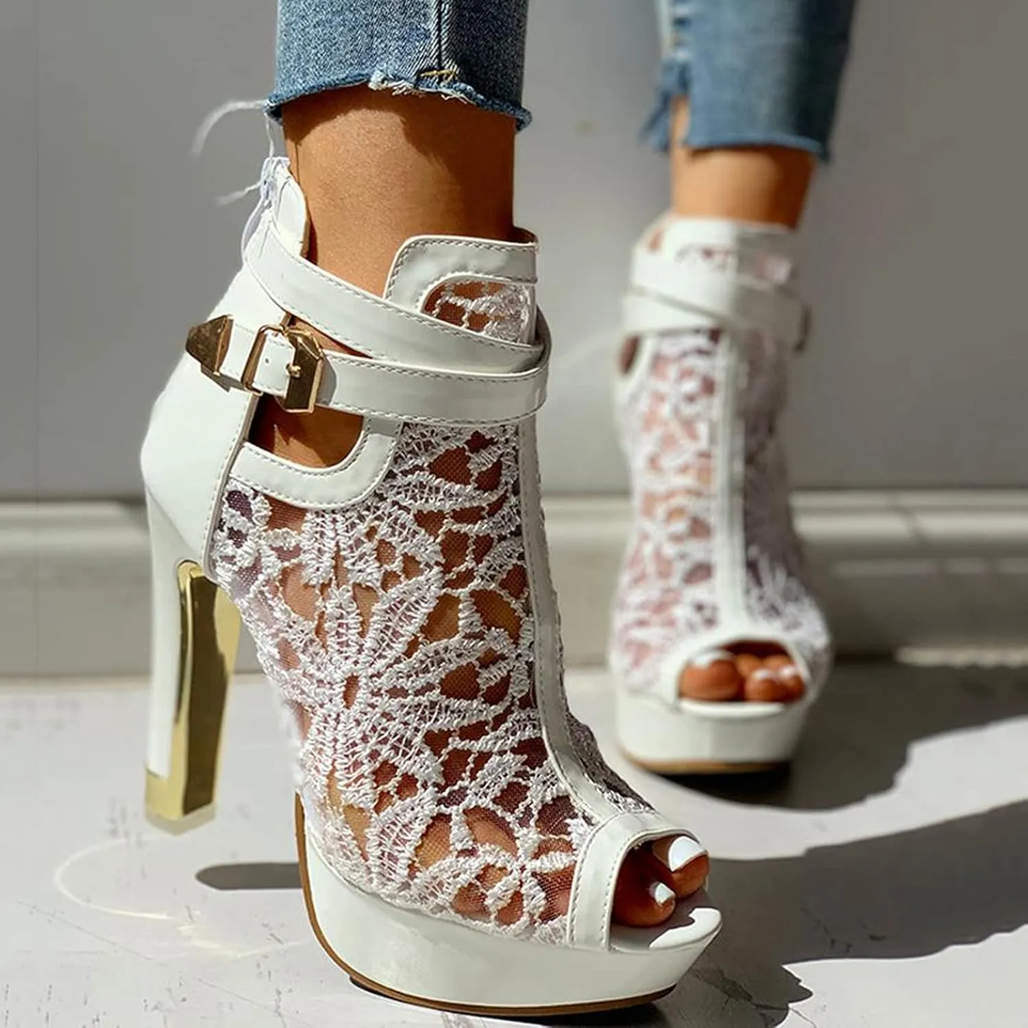 Women's Lace Mesh Flowers High Heel Sandals 2025 Casual Lace Mesh Breathable Sexy Fashionable Sandal Summer Elegant Flowers Beach Working Party Boots