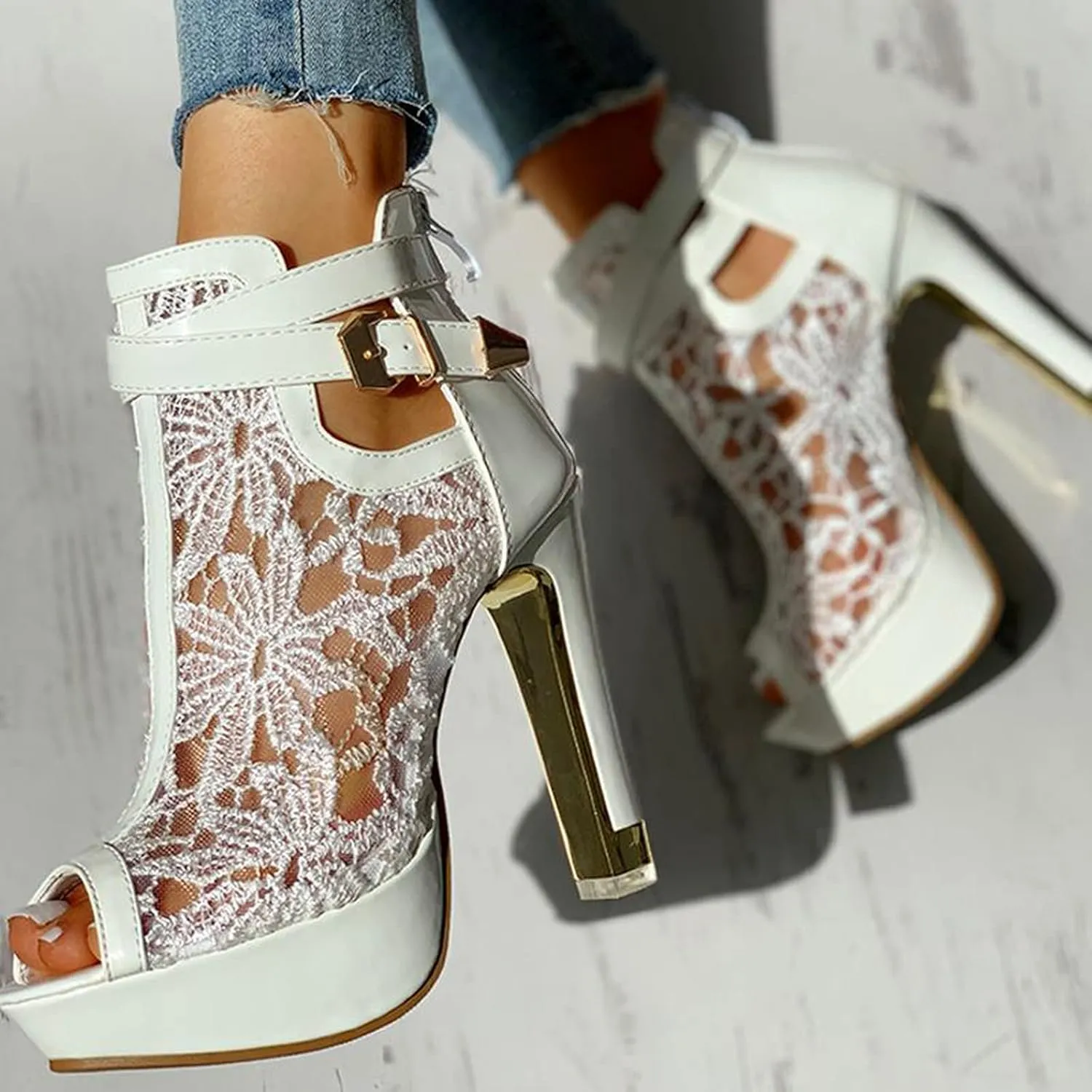 Women's Lace Mesh Flowers High Heel Sandals 2025 Casual Lace Mesh Breathable Sexy Fashionable Sandal Summer Elegant Flowers Beach Working Party Boots