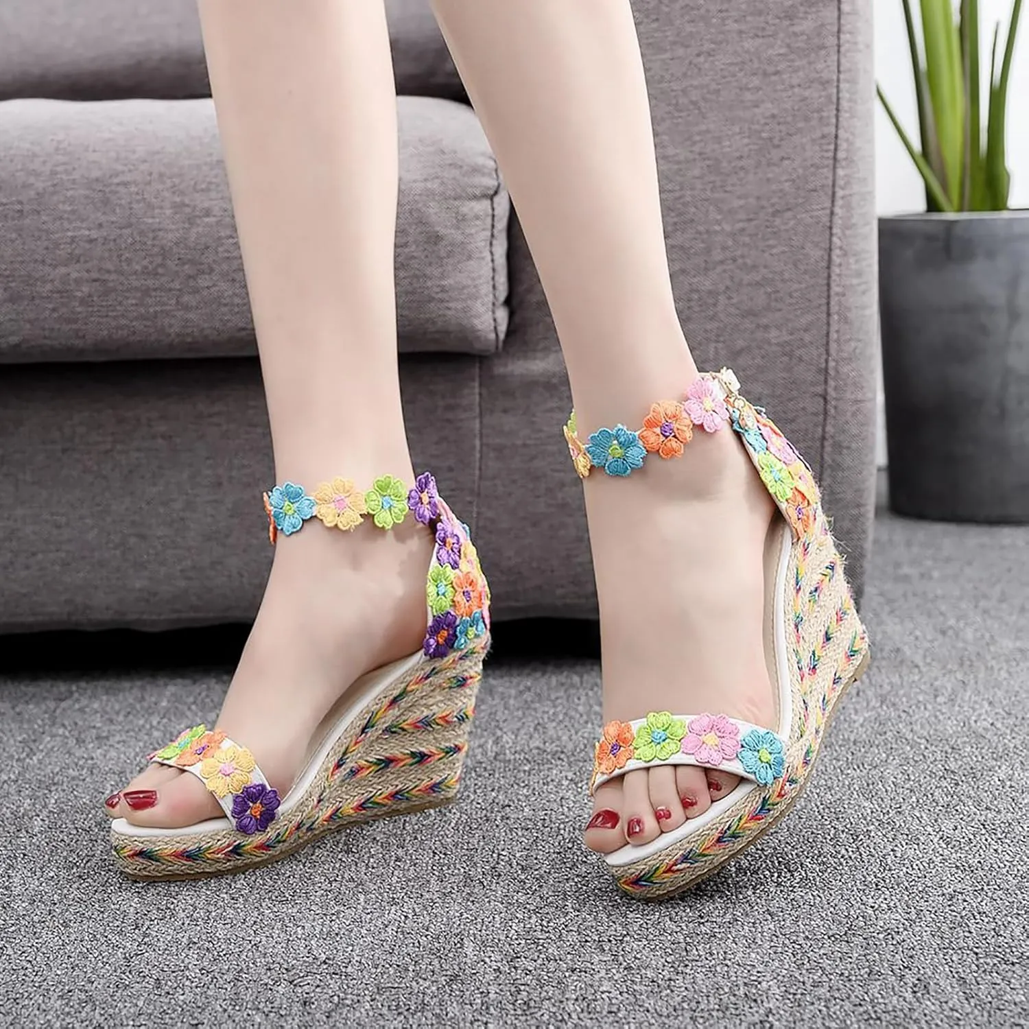 Women's Lace up Espadrilles Platform Wedges Sandals Heels Tie Ankle Strap Dress Shoes,Multi Colored,39