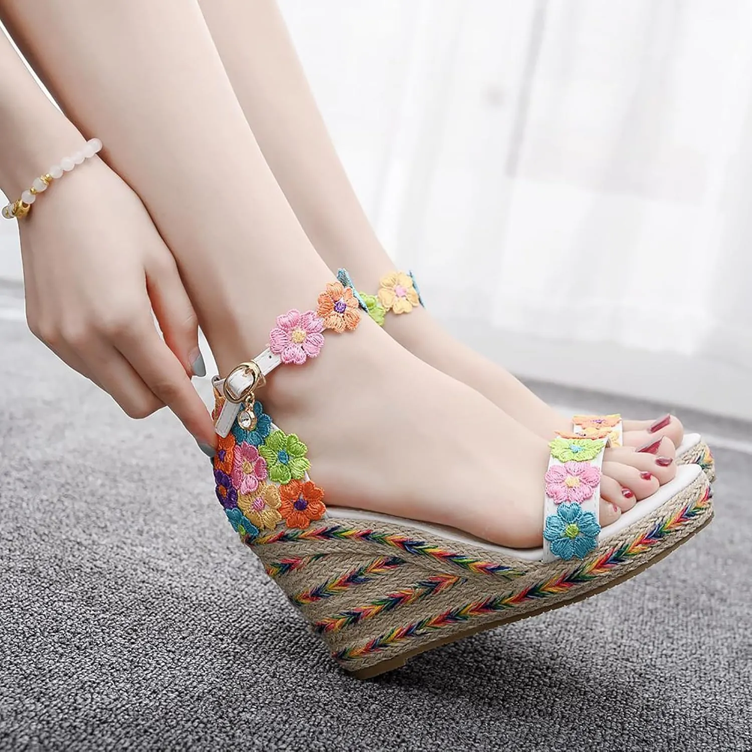 Women's Lace up Espadrilles Platform Wedges Sandals Heels Tie Ankle Strap Dress Shoes,Multi Colored,39