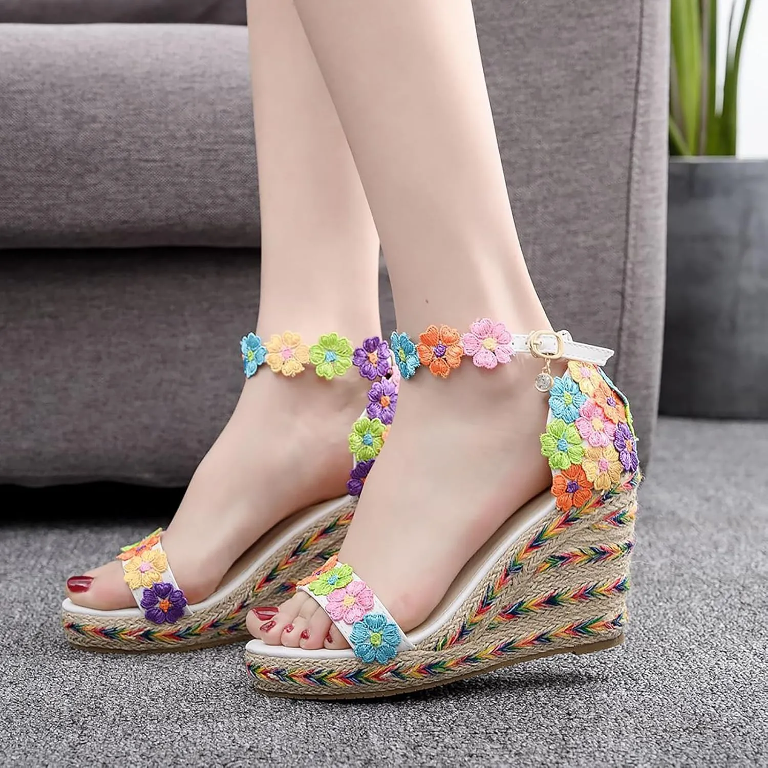 Women's Lace up Espadrilles Platform Wedges Sandals Heels Tie Ankle Strap Dress Shoes,Multi Colored,39