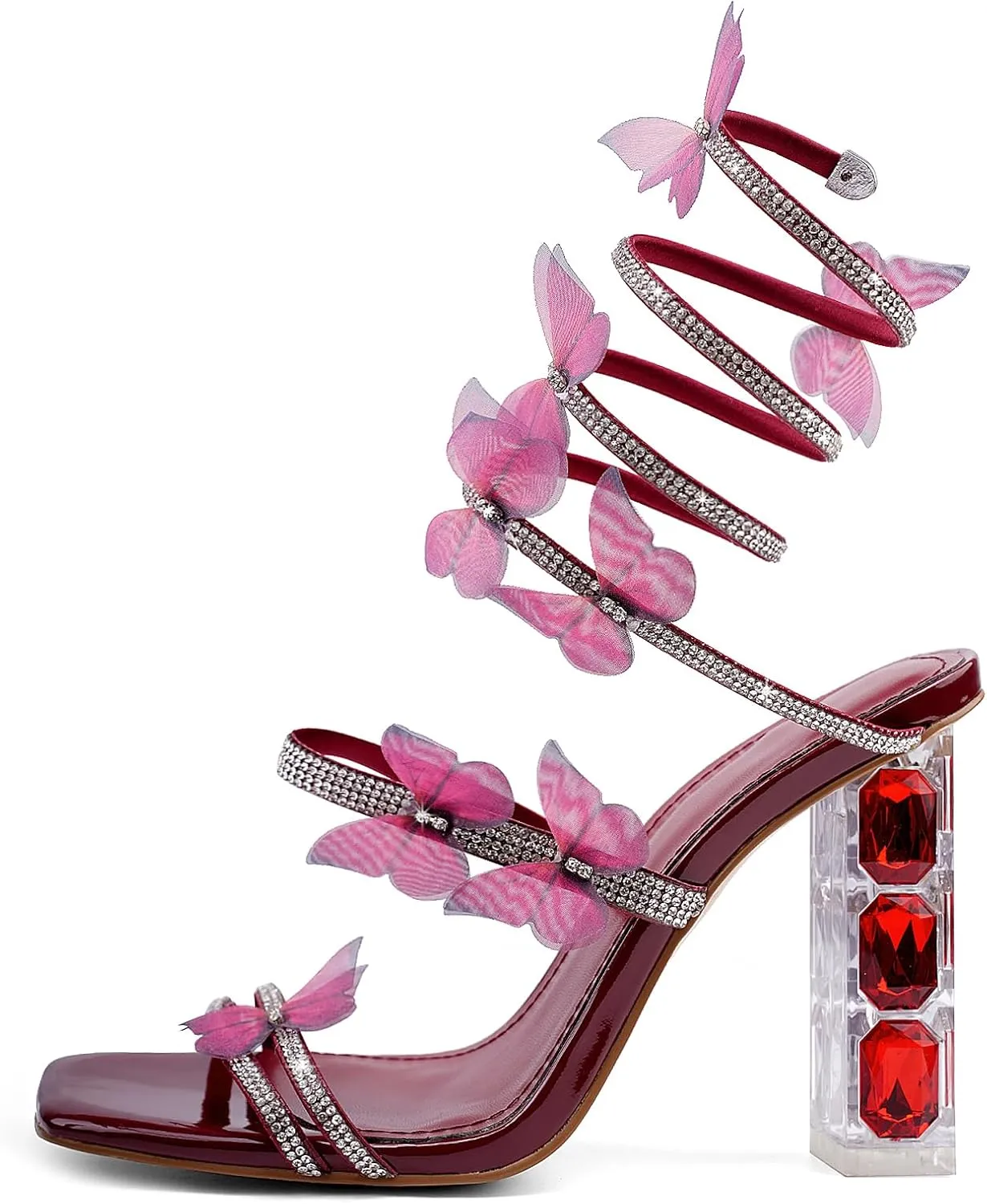 Womens Lace Up Sandals Square Open Toe Chunky High Heels Rhinestone Strappy High Block Heel Sandals Sparkly Dress Party Wedding Shoes