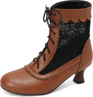 Women's Lace Victorian Boots Wingtips Brogues Lace-up Mesh Net Short Ankle Booties Vintage Kitten Heels Wedding Bridal Boots Witch Costume Bootie
