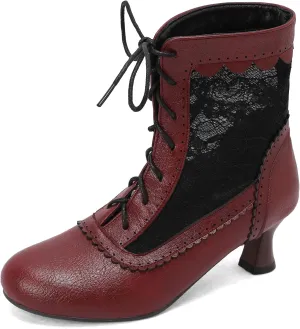 Women's Lace Victorian Boots Wingtips Brogues Lace-up Mesh Net Short Ankle Booties Vintage Kitten Heels Wedding Bridal Boots Witch Costume Bootie