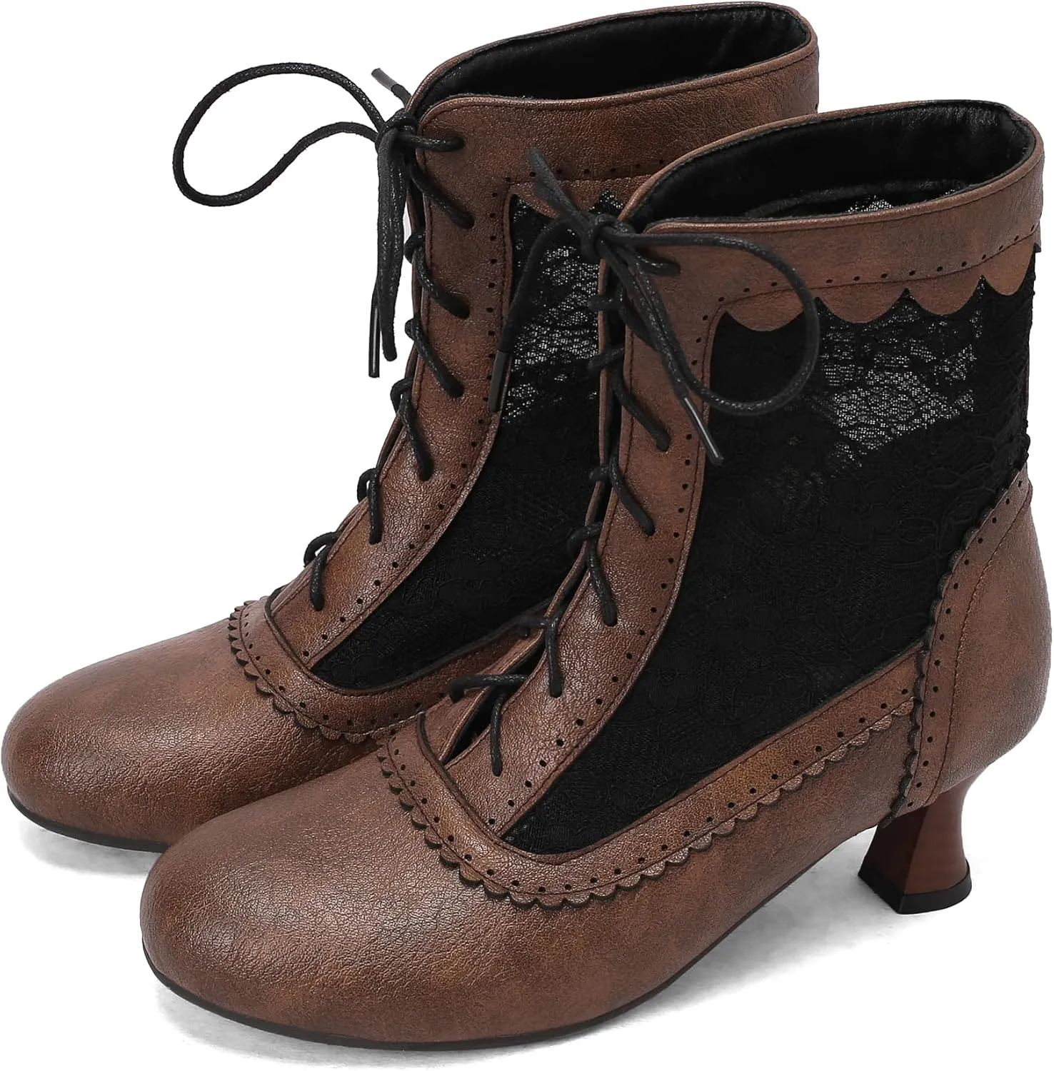 Women's Lace Victorian Boots Wingtips Brogues Lace-up Mesh Net Short Ankle Booties Vintage Kitten Heels Wedding Bridal Boots Witch Costume Bootie