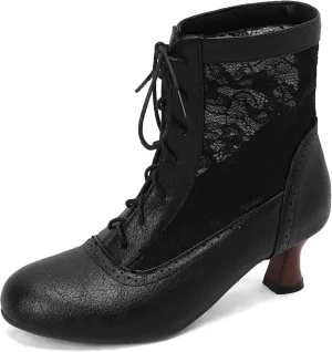 Women's Lace Victorian Boots Wingtips Brogues Lace-up Mesh Net Short Ankle Booties Vintage Kitten Heels Wedding Bridal Boots Witch Costume Bootie