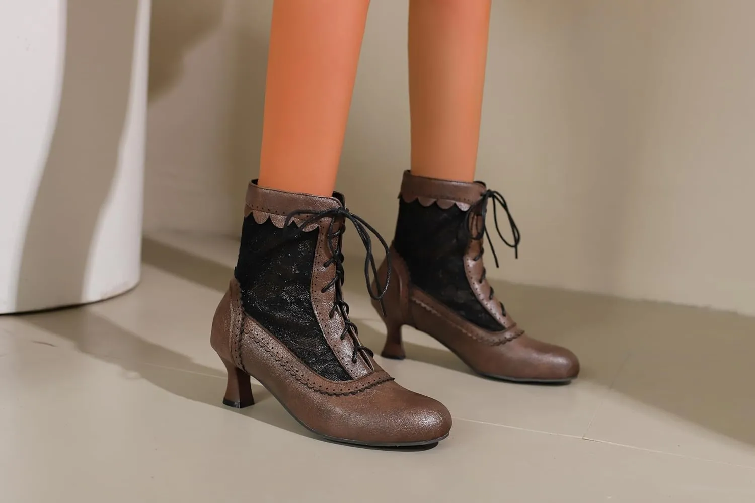 Women's Lace Victorian Boots Wingtips Brogues Lace-up Mesh Net Short Ankle Booties Vintage Kitten Heels Wedding Bridal Boots Witch Costume Bootie