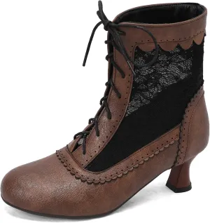 Women's Lace Victorian Boots Wingtips Brogues Lace-up Mesh Net Short Ankle Booties Vintage Kitten Heels Wedding Bridal Boots Witch Costume Bootie