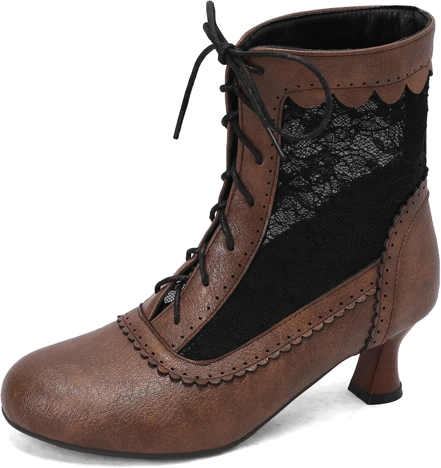 Women's Lace Victorian Boots Wingtips Brogues Lace-up Mesh Net Short Ankle Booties Vintage Kitten Heels Wedding Bridal Boots Witch Costume Bootie
