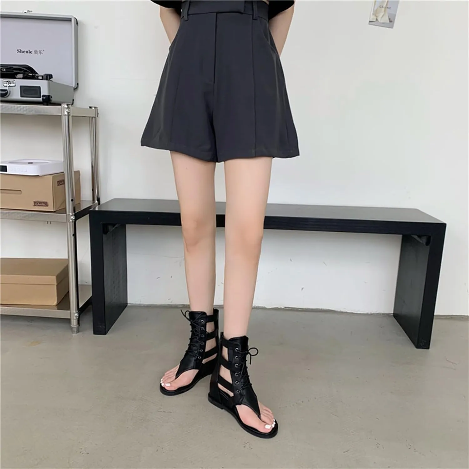 Women's Leather Flat Thong Heighten Mid-Calf Roman Sandals Boots With Adjustable Metal Buckle Vintage Lace Up Clip Toe Round Open Toe Back Zipper Wedge High Top Gladiator Booties For Party Vocation