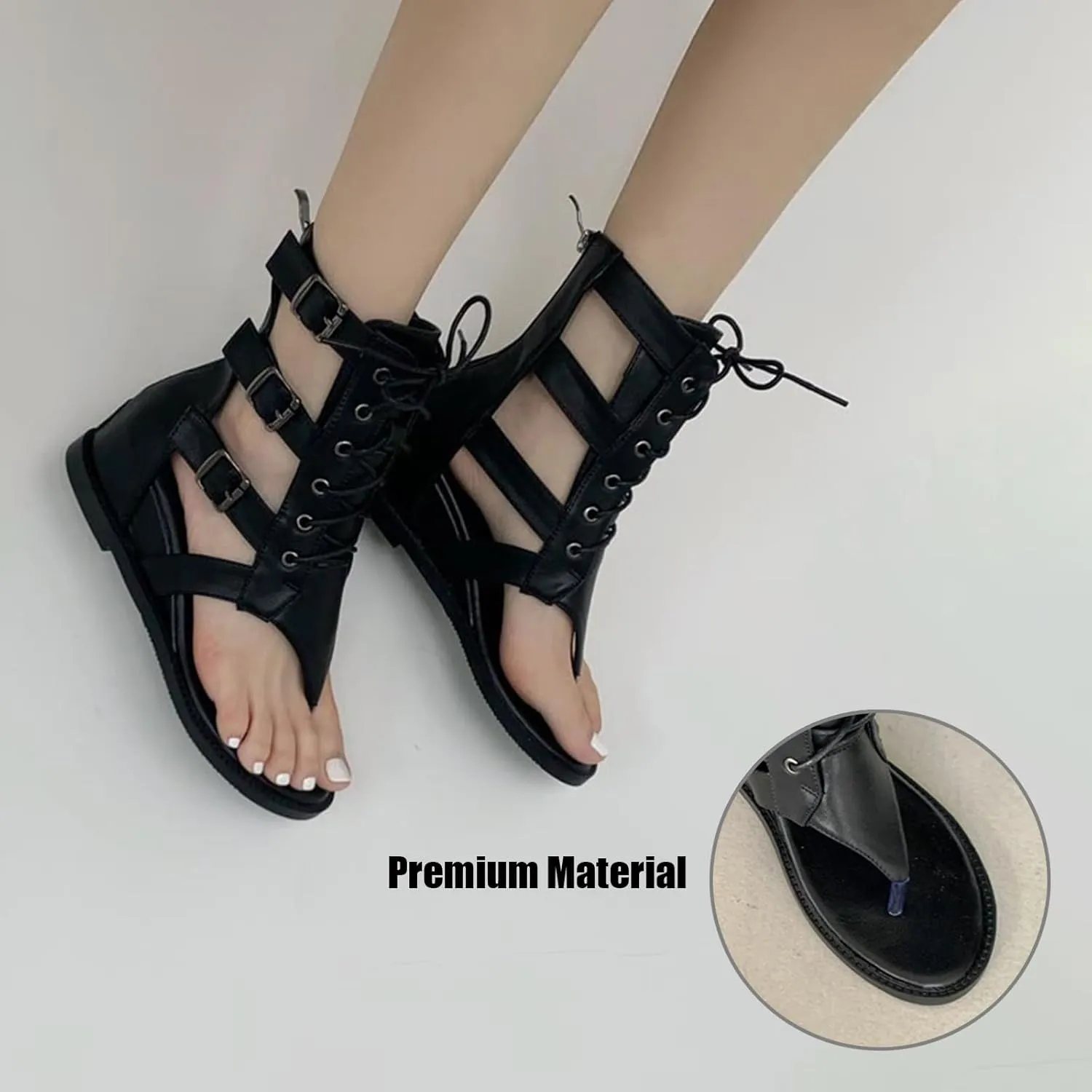 Women's Leather Flat Thong Heighten Mid-Calf Roman Sandals Boots With Adjustable Metal Buckle Vintage Lace Up Clip Toe Round Open Toe Back Zipper Wedge High Top Gladiator Booties For Party Vocation