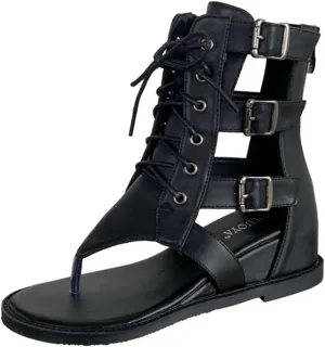 Women's Leather Flat Thong Heighten Mid-Calf Roman Sandals Boots With Adjustable Metal Buckle Vintage Lace Up Clip Toe Round Open Toe Back Zipper Wedge High Top Gladiator Booties For Party Vocation