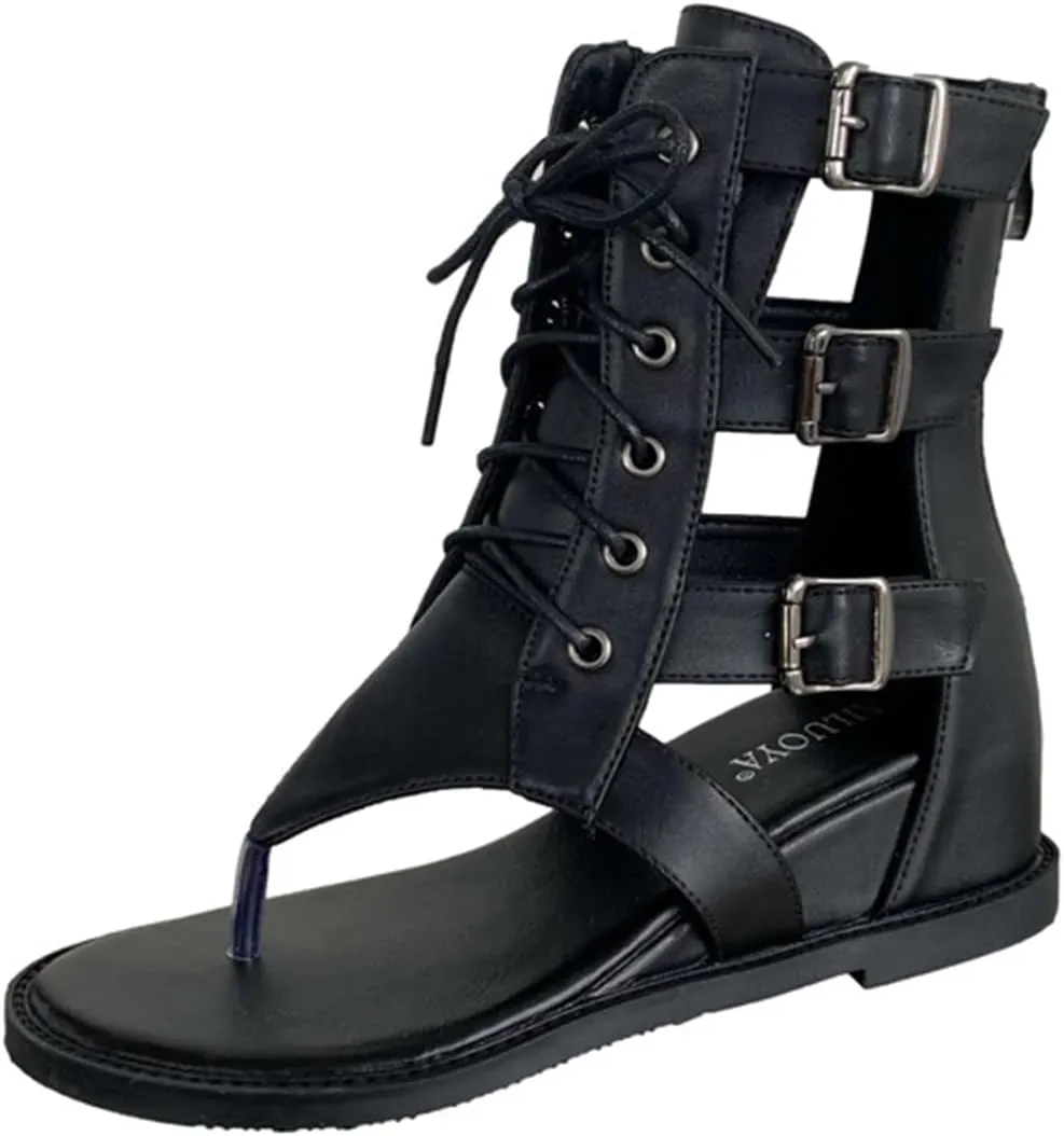 Women's Leather Flat Thong Heighten Mid-Calf Roman Sandals Boots With Adjustable Metal Buckle Vintage Lace Up Clip Toe Round Open Toe Back Zipper Wedge High Top Gladiator Booties For Party Vocation
