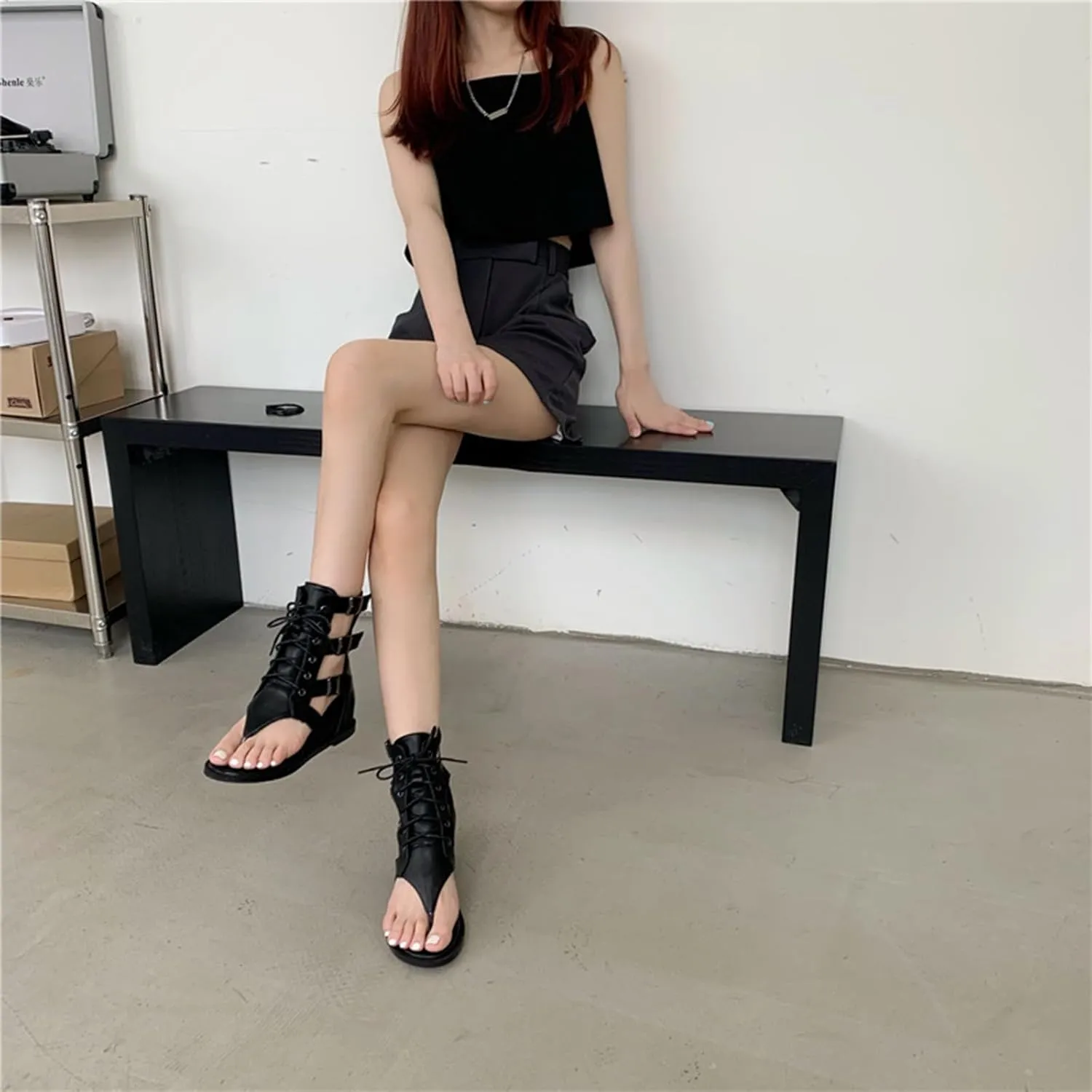 Women's Leather Flat Thong Heighten Mid-Calf Roman Sandals Boots With Adjustable Metal Buckle Vintage Lace Up Clip Toe Round Open Toe Back Zipper Wedge High Top Gladiator Booties For Party Vocation