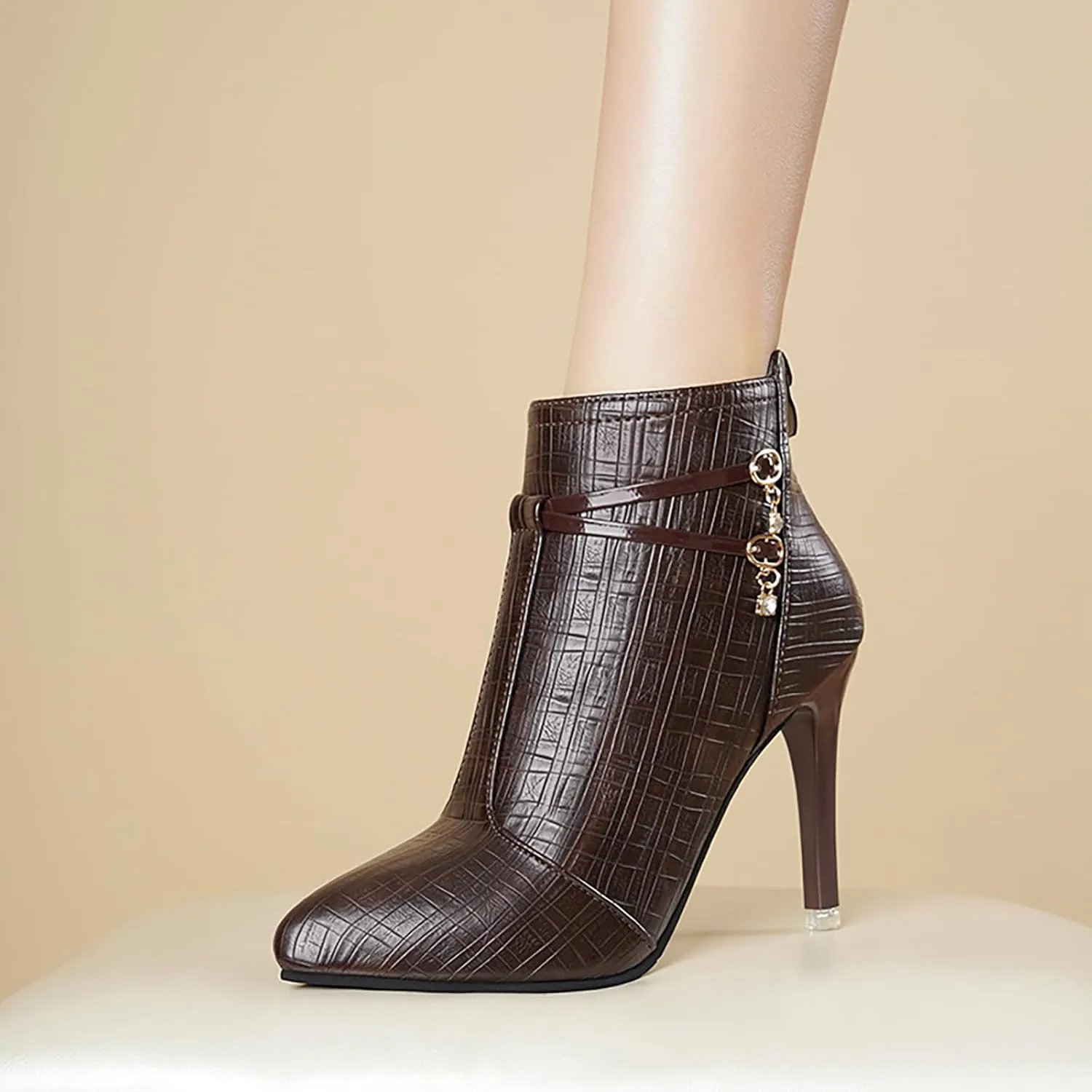 Women'S Leather Pointed Toe Stiletto Ankle Boots Fall Winter Fashion Back Zipper High Heel Dress Booties For Date Party Evening