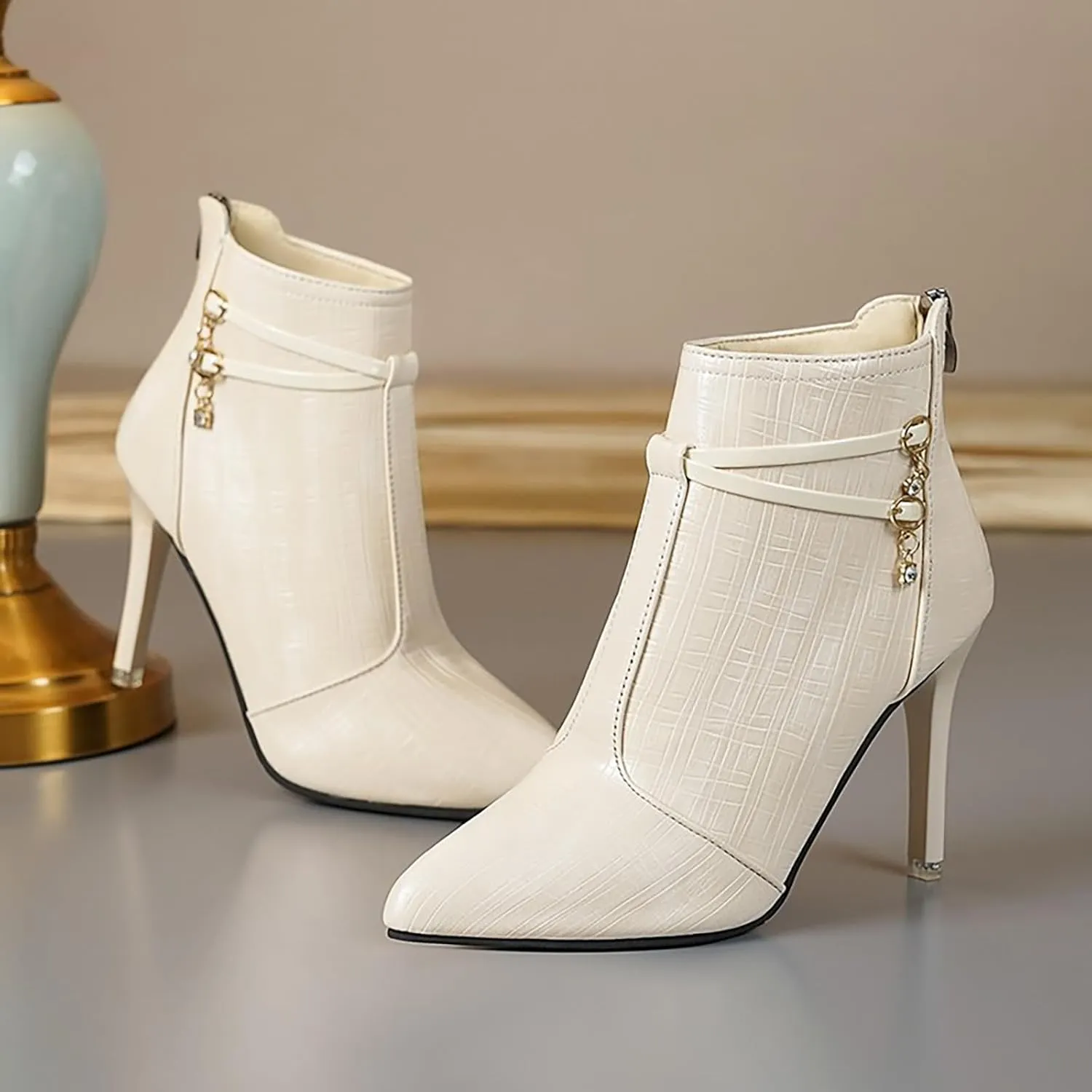 Women'S Leather Pointed Toe Stiletto Ankle Boots Fall Winter Fashion Back Zipper High Heel Dress Booties For Date Party Evening