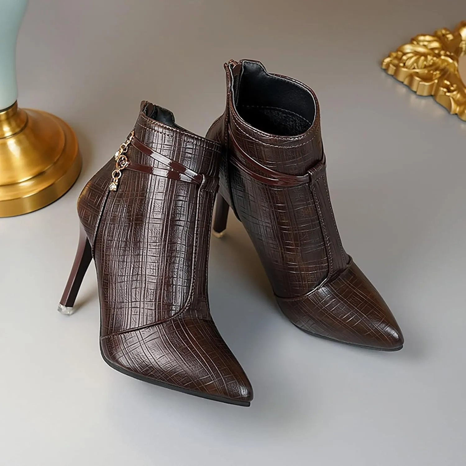 Women'S Leather Pointed Toe Stiletto Ankle Boots Fall Winter Fashion Back Zipper High Heel Dress Booties For Date Party Evening