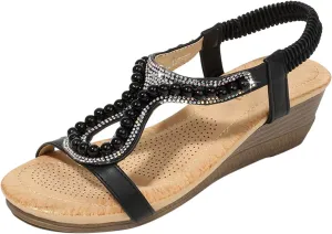 Womens Low Heels Sandals Bohemian Jewelry Style Dressy Wedge Shoes Elastic Ankle Strap Comfort Footbed Sandals