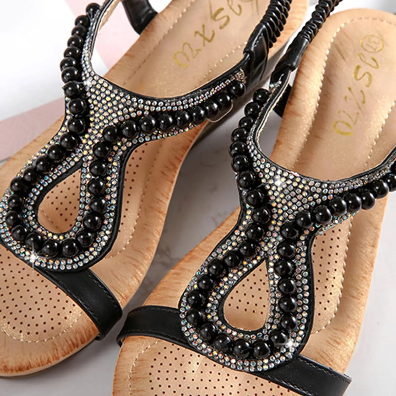 Womens Low Heels Sandals Bohemian Jewelry Style Dressy Wedge Shoes Elastic Ankle Strap Comfort Footbed Sandals