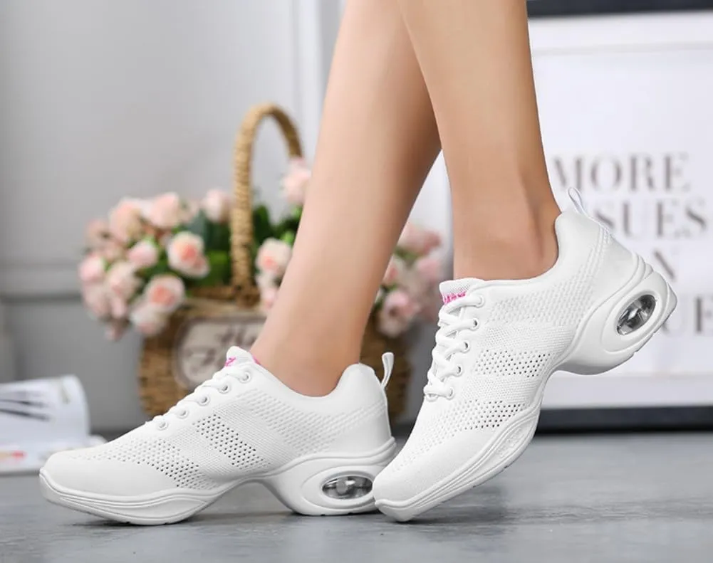 Women's Modern Dance Sneakers Split Sole Jazz Shoes with Mesh Upper & Air Cushion Lace-Up Platform Shoes for Athletic & Social Dancing US 4.5-8