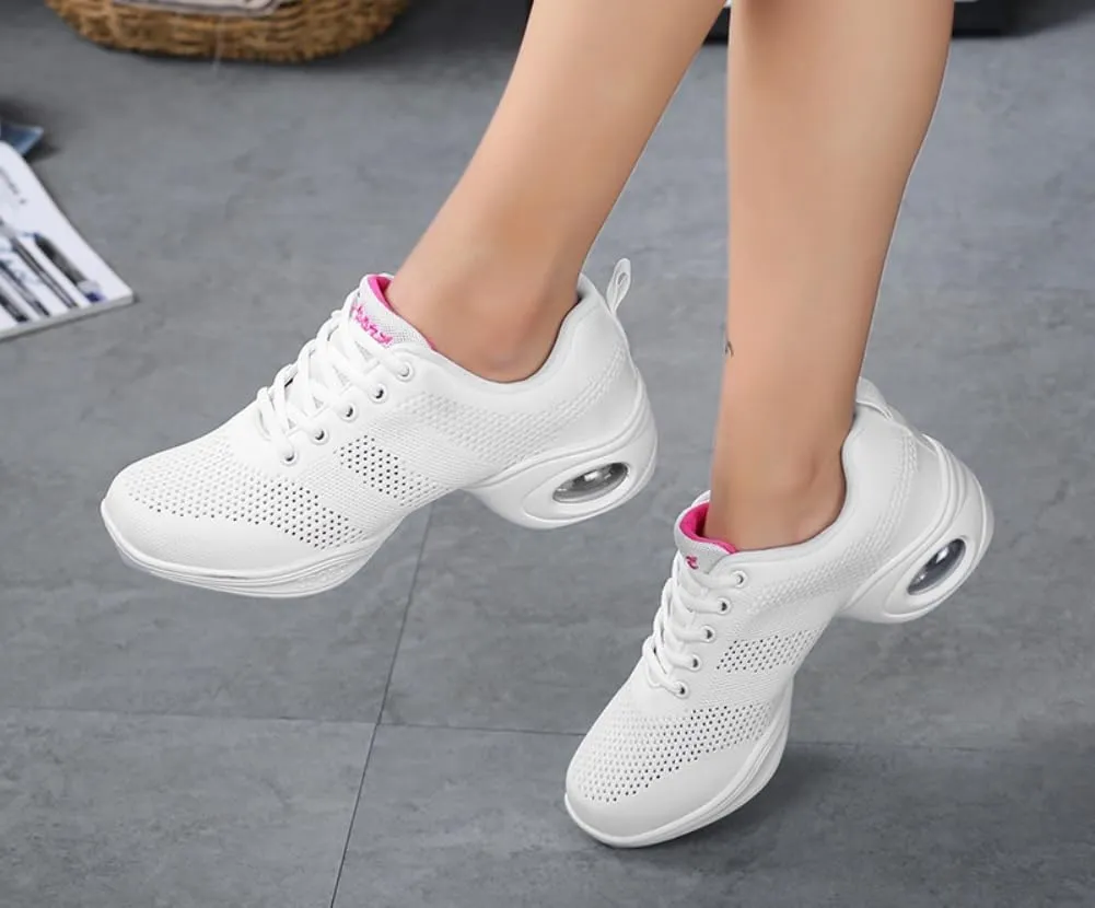 Women's Modern Dance Sneakers Split Sole Jazz Shoes with Mesh Upper & Air Cushion Lace-Up Platform Shoes for Athletic & Social Dancing US 4.5-8
