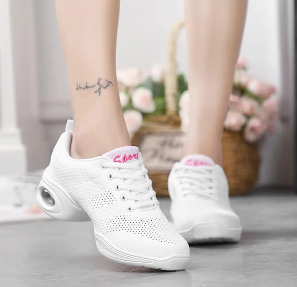 Women's Modern Dance Sneakers Split Sole Jazz Shoes with Mesh Upper & Air Cushion Lace-Up Platform Shoes for Athletic & Social Dancing US 4.5-8