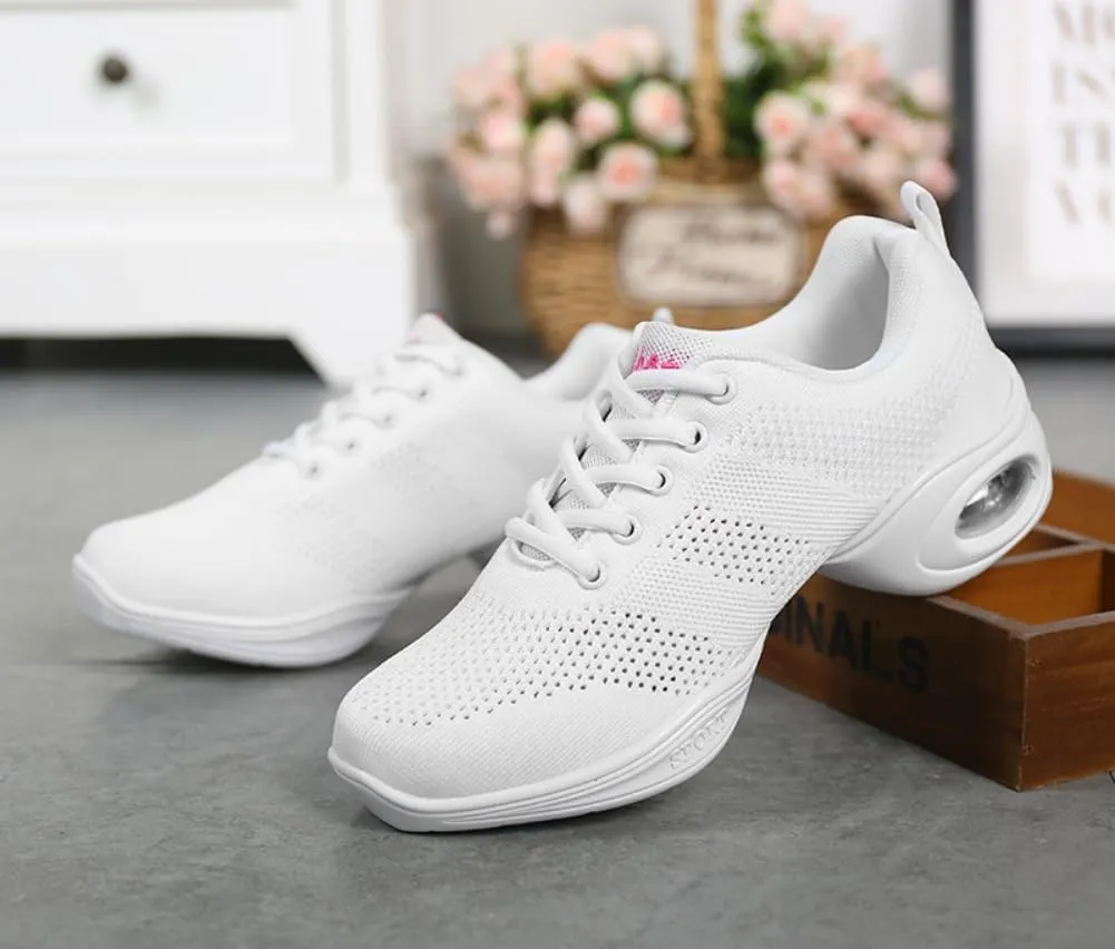 Women's Modern Dance Sneakers Split Sole Jazz Shoes with Mesh Upper & Air Cushion Lace-Up Platform Shoes for Athletic & Social Dancing US 4.5-8