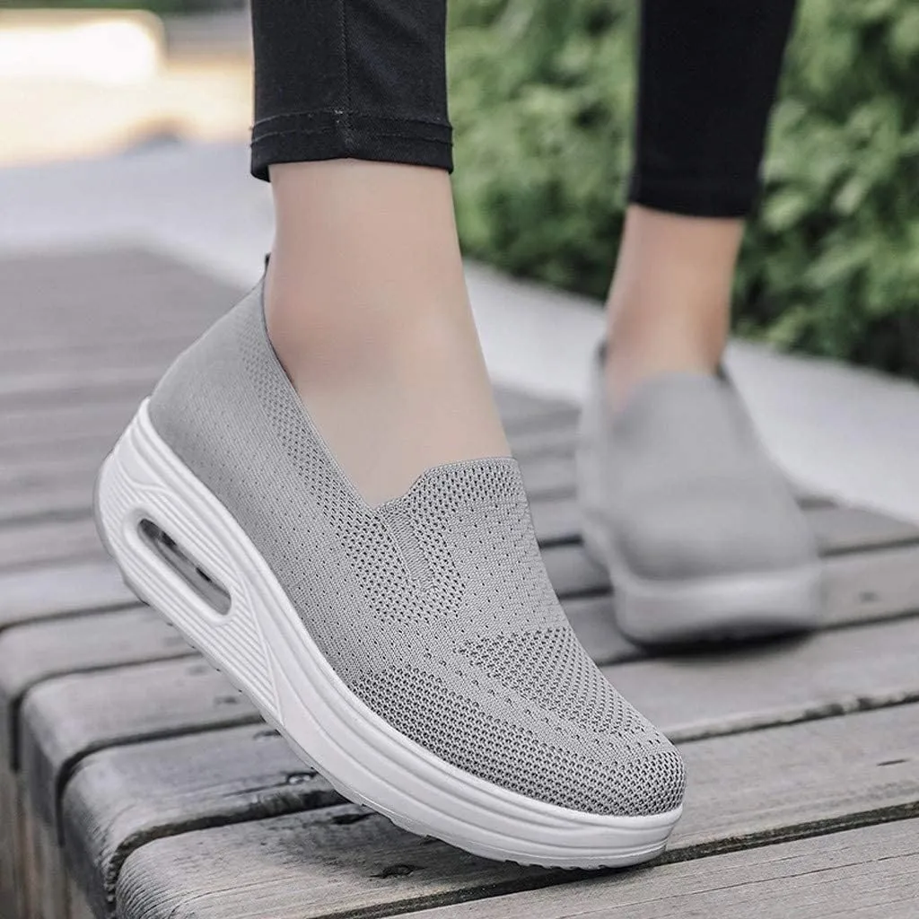 Women's Orthopedic Slip-On Walking Shoes, Comfort Loafers Wide Fit Knit Breathable Mesh Non-Slip Platform Flat Boat Shoes, Lightweight Soft Casual Sneakers (Grey,6)