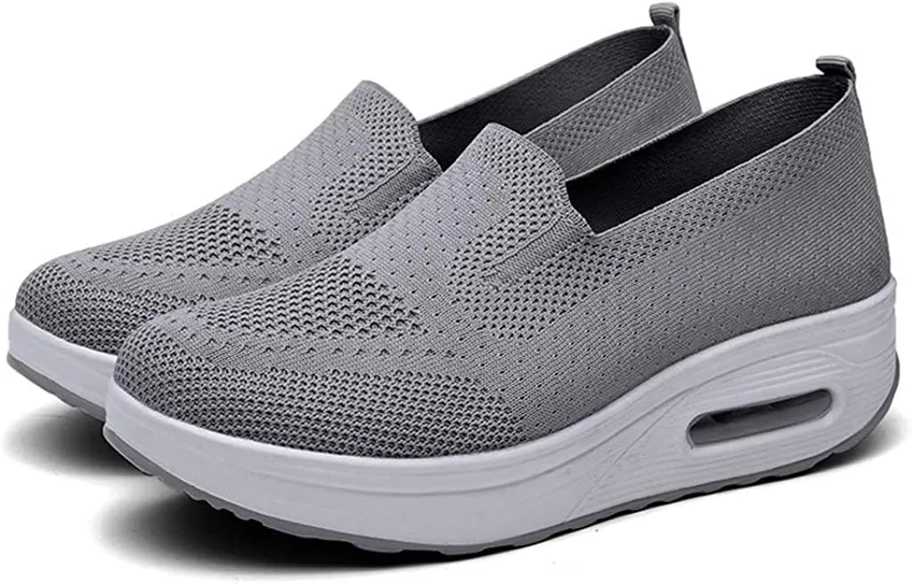 Women's Orthopedic Slip-On Walking Shoes, Comfort Loafers Wide Fit Knit Breathable Mesh Non-Slip Platform Flat Boat Shoes, Lightweight Soft Casual Sneakers (Grey,6)