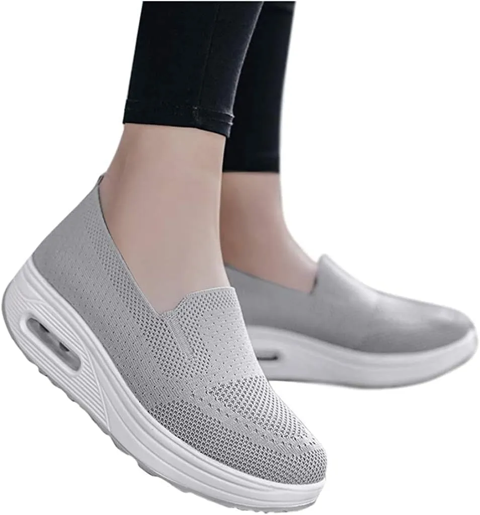 Women's Orthopedic Slip-On Walking Shoes, Comfort Loafers Wide Fit Knit Breathable Mesh Non-Slip Platform Flat Boat Shoes, Lightweight Soft Casual Sneakers (Grey,6)