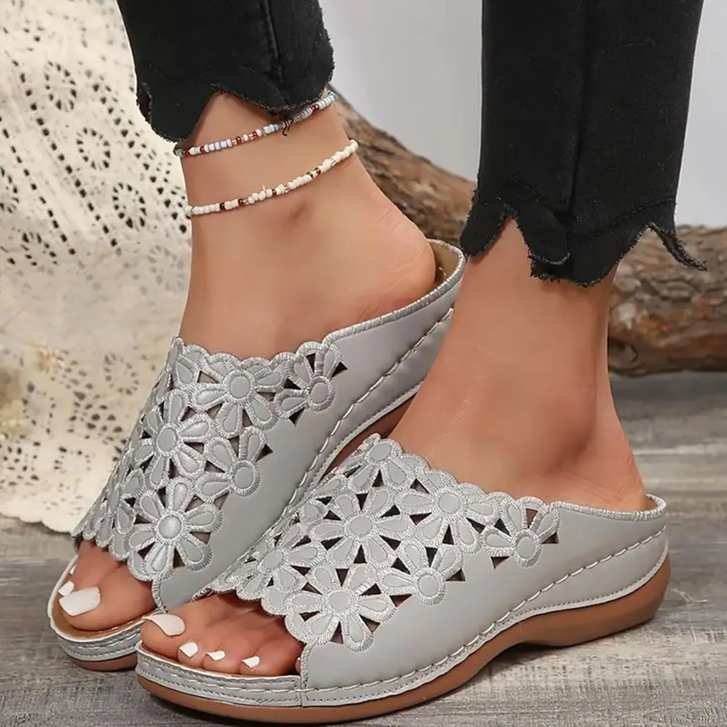 Women's Orthotic Cushion Flip Flops Recovery Walking Sandals for Women Dressy Summer Orthopedic Arch Support Wedge Slide Comfortable Open Toe Slip on Flowers Hollow Out Plantar Fasciitis Bunion Shoes