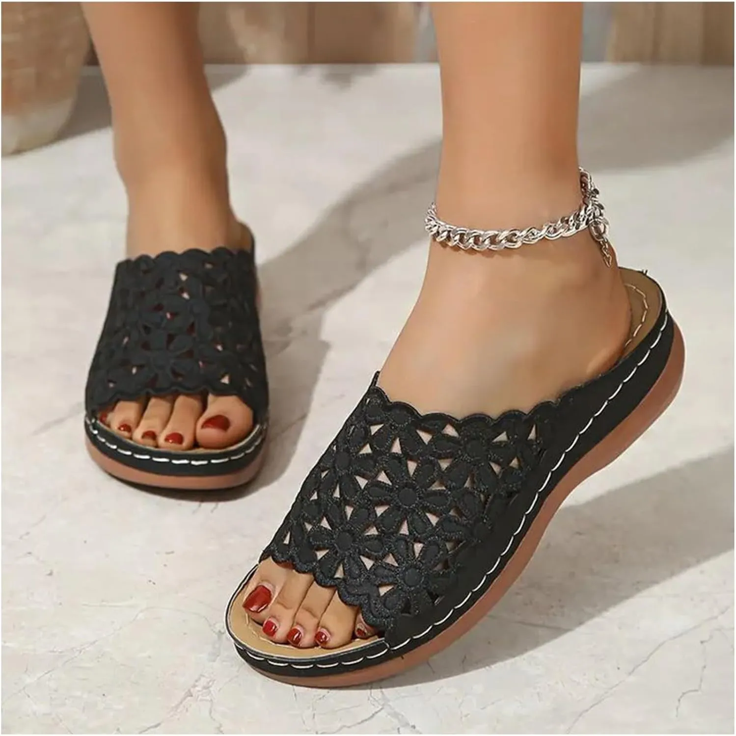 Women's Orthotic Cushion Flip Flops Recovery Walking Sandals for Women Dressy Summer Orthopedic Arch Support Wedge Slide Comfortable Open Toe Slip on Flowers Hollow Out Plantar Fasciitis Bunion Shoes