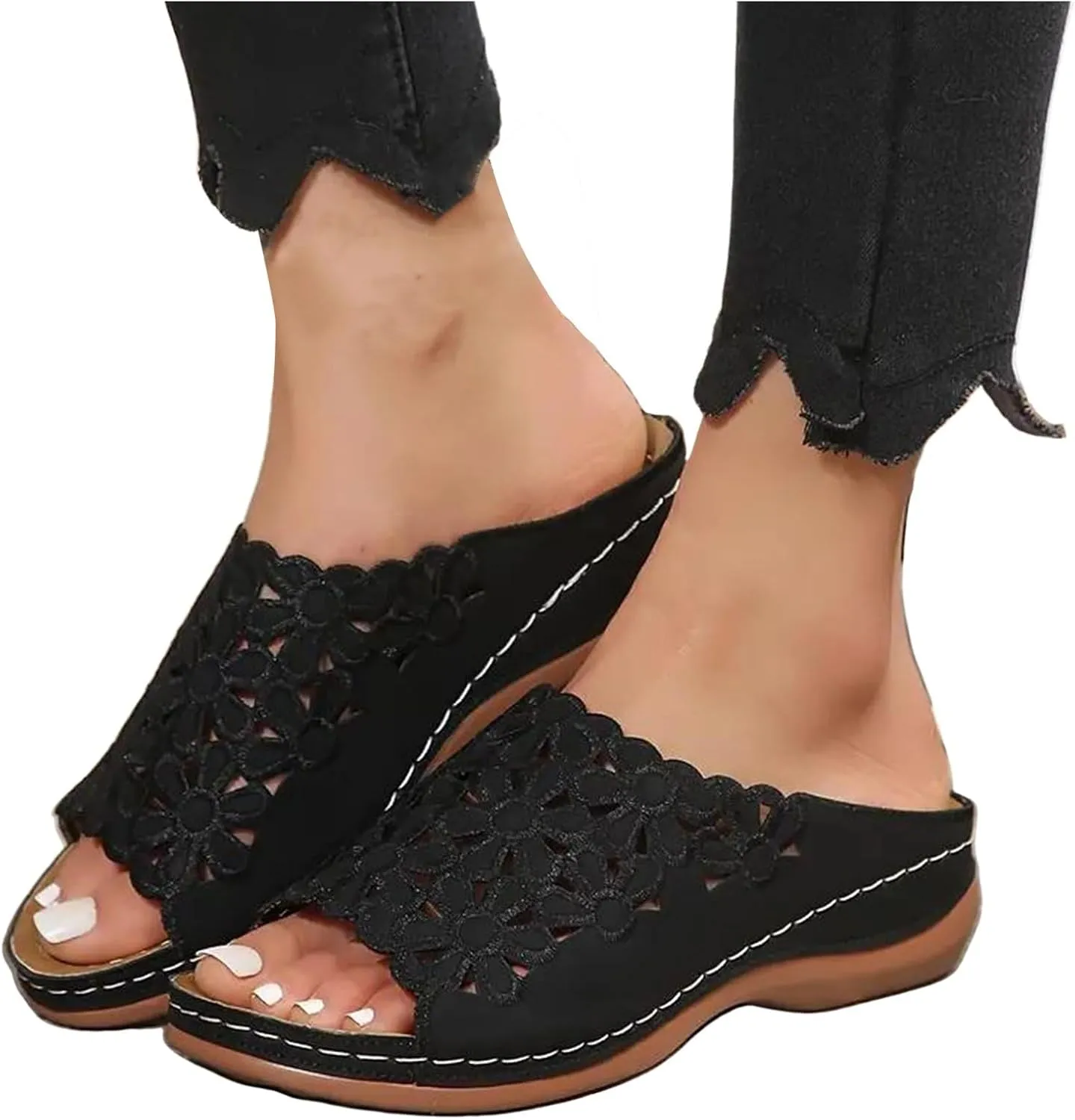 Women's Orthotic Cushion Flip Flops Recovery Walking Sandals for Women Dressy Summer Orthopedic Arch Support Wedge Slide Comfortable Open Toe Slip on Flowers Hollow Out Plantar Fasciitis Bunion Shoes