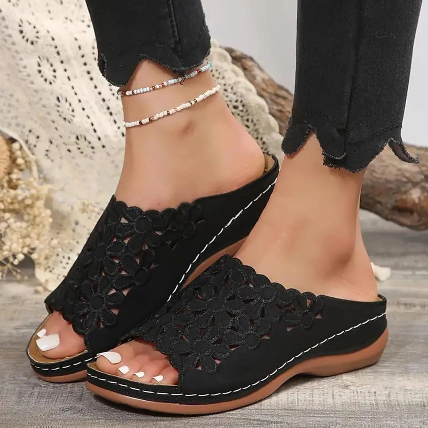 Women's Orthotic Cushion Flip Flops Recovery Walking Sandals for Women Dressy Summer Orthopedic Arch Support Wedge Slide Comfortable Open Toe Slip on Flowers Hollow Out Plantar Fasciitis Bunion Shoes