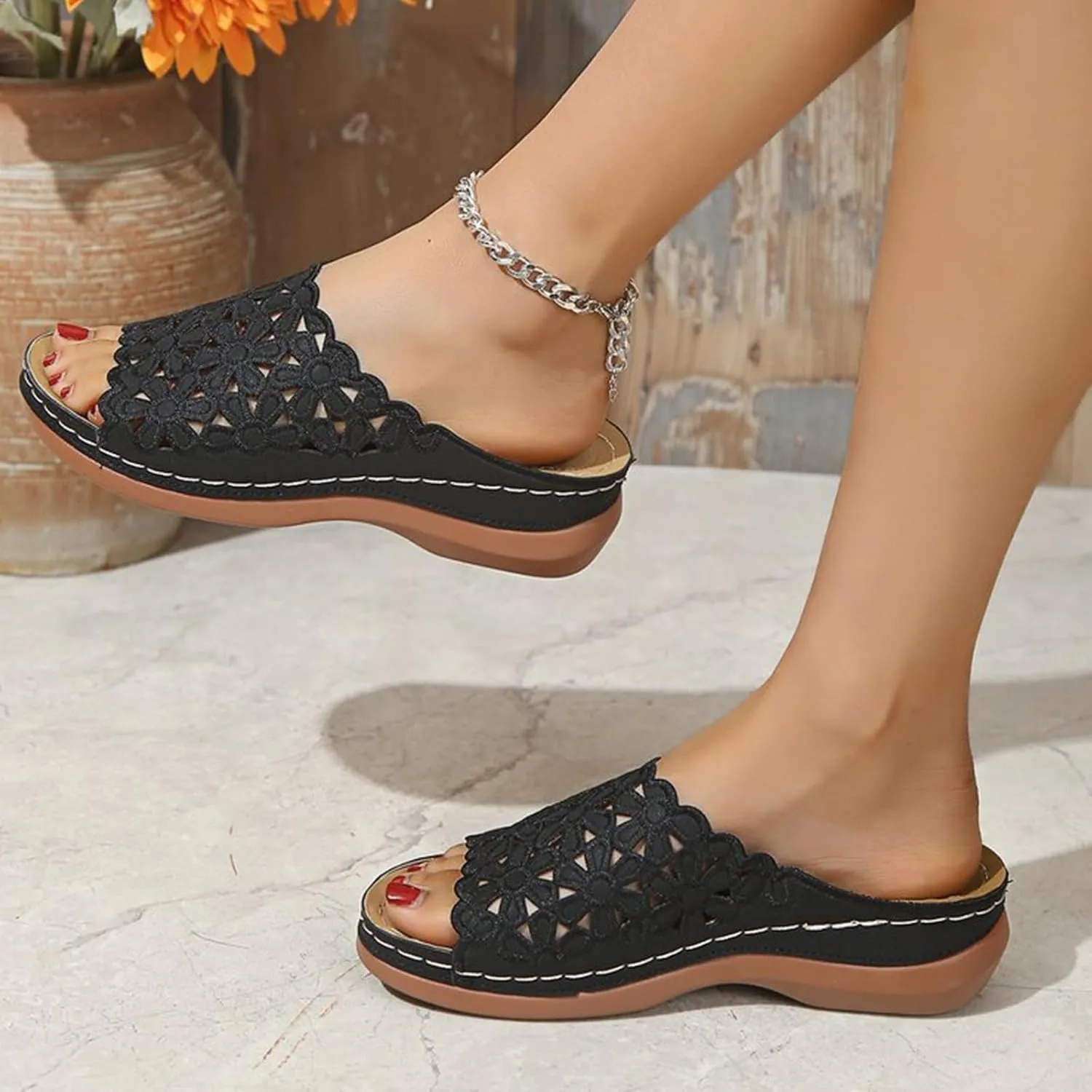 Women's Orthotic Cushion Flip Flops Recovery Walking Sandals for Women Dressy Summer Orthopedic Arch Support Wedge Slide Comfortable Open Toe Slip on Flowers Hollow Out Plantar Fasciitis Bunion Shoes