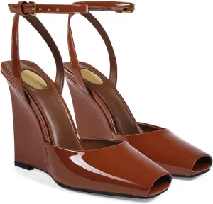Womens Peep Toe Heels Open Toe Wedge Heels Stiletto Patent Leather Ankle Strap Buckle Sandalsfor Party, Wedding, Evening