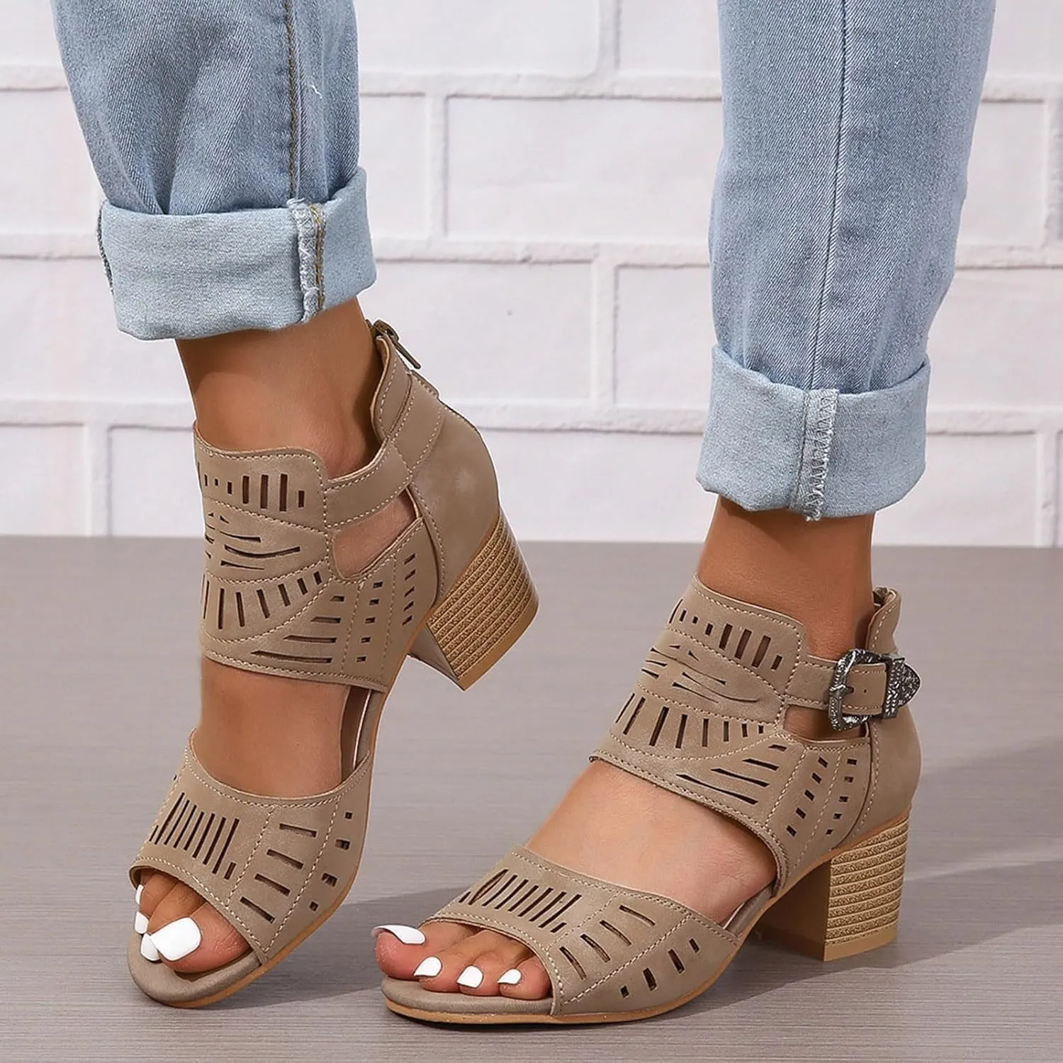 Womens Peep Toe Sandals Chunky Heeled,Summer Buckle Cutout Low Heeled Sandals