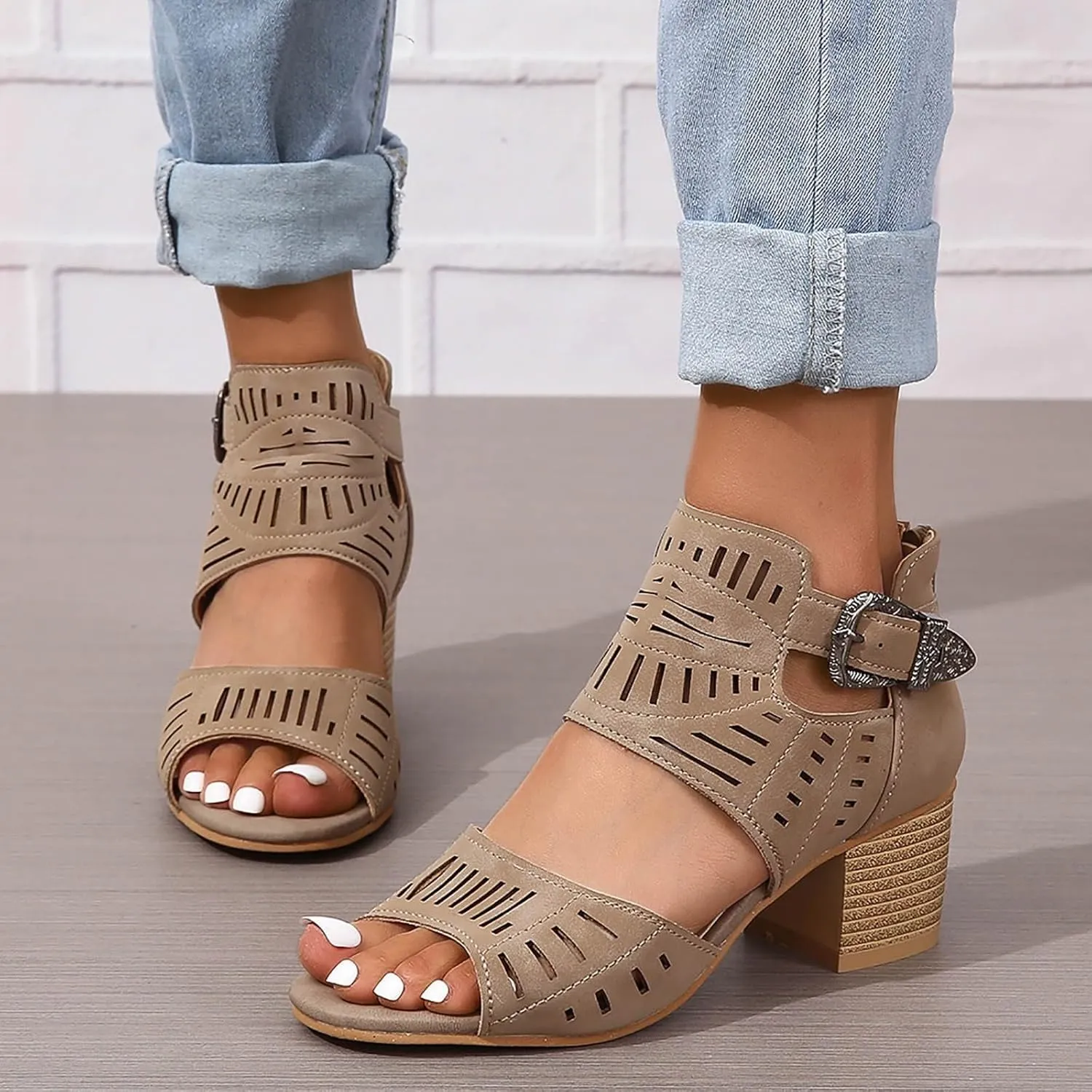 Womens Peep Toe Sandals Chunky Heeled,Summer Buckle Cutout Low Heeled Sandals