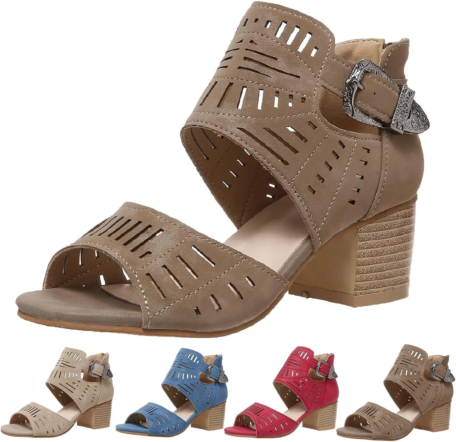 Womens Peep Toe Sandals Chunky Heeled,Summer Buckle Cutout Low Heeled Sandals