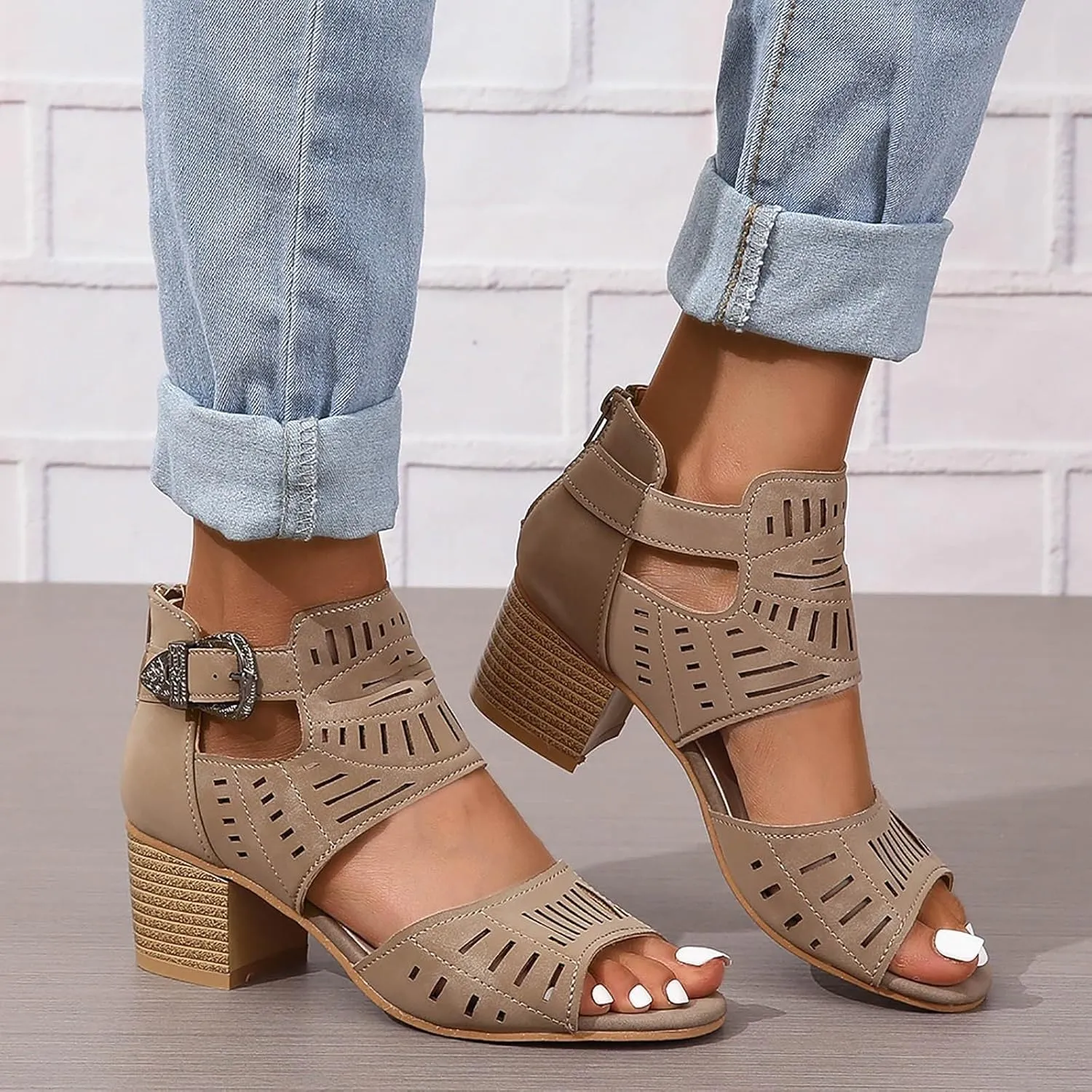 Womens Peep Toe Sandals Chunky Heeled,Summer Buckle Cutout Low Heeled Sandals