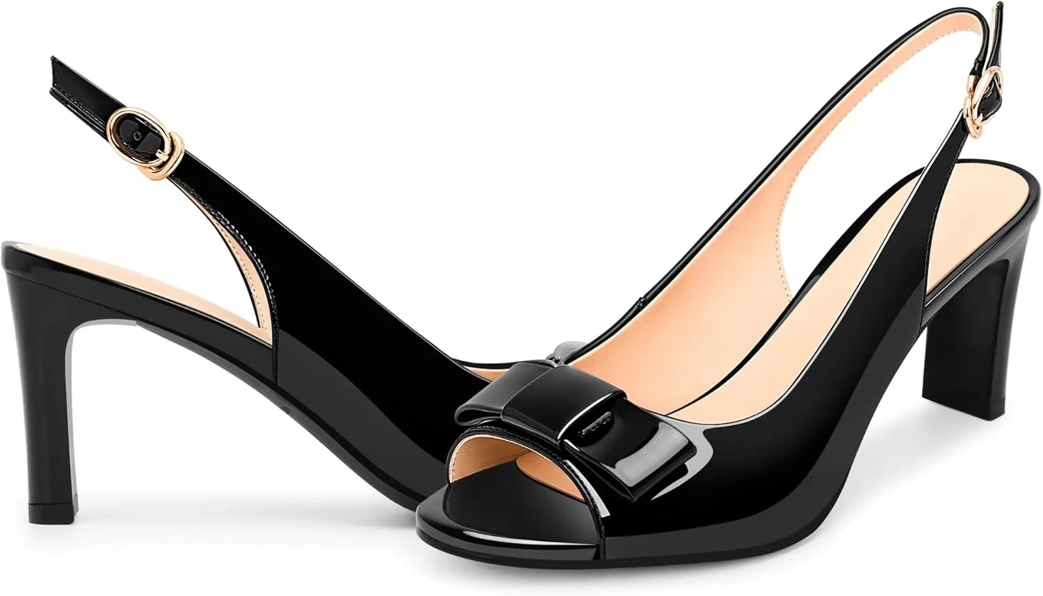 Women's Peep Toe Slingback Heeled Sandals Block Heel Bow Patent Leather Shoes